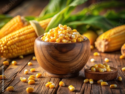 Vibrant yellow corn kernels overflowing from a rustic, weathered wooden cup, set against a warm, blurred background, evoking feelings of summer harvest and rustic charm. photo