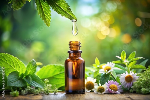 An alternative herbal medicine concept depicting herbal essence being dropped, symbolizing the extraction or use of natural plant extracts for medicinal purposes. This imagery often represents