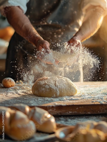 The image shows a person in the process of baking bread
