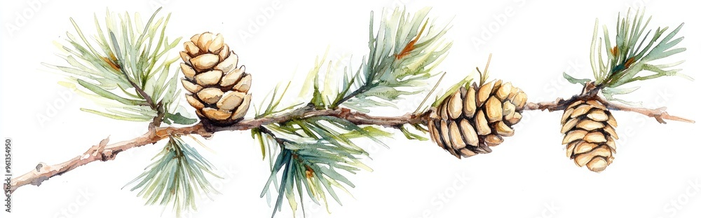 Elegant Watercolor Illustration of Pine Cones and Green Foliage Elegant Watercolor Illustration of Pine Cones and Green Foliage