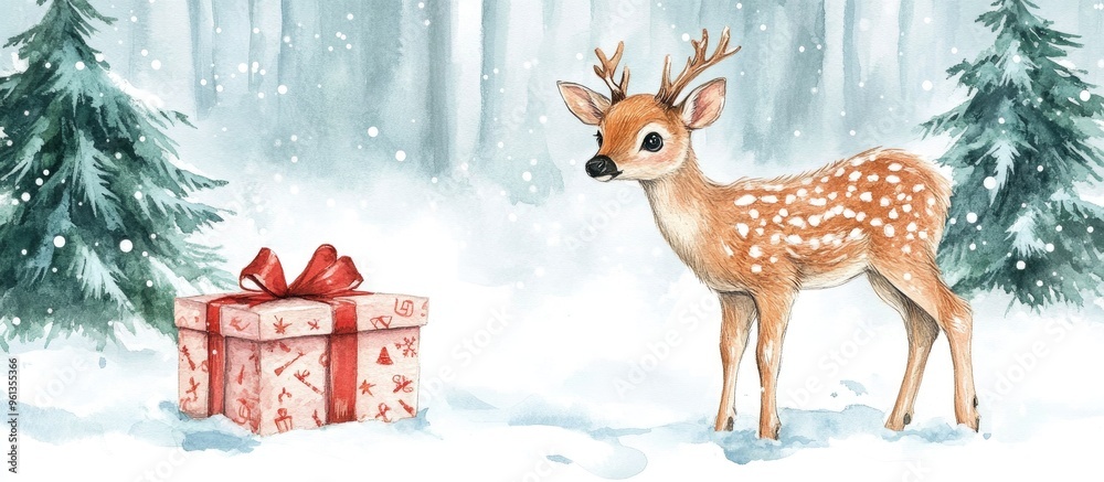Obraz premium Enchanting Winter Scene with a Deer and a Festive Gift Box in a Snowy Forest