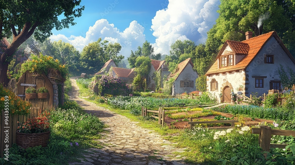 Envision a road that leads through a charming countryside village, with quaint houses and garden plots lining the way Envision a road that leads through a charming countryside village, with quaint houses and garden plots lining the way