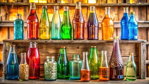 Vintage glass soda bottles in various shapes and sizes, filled with vibrant liquids, line a wooden shelf against a bright and airy backdrop.