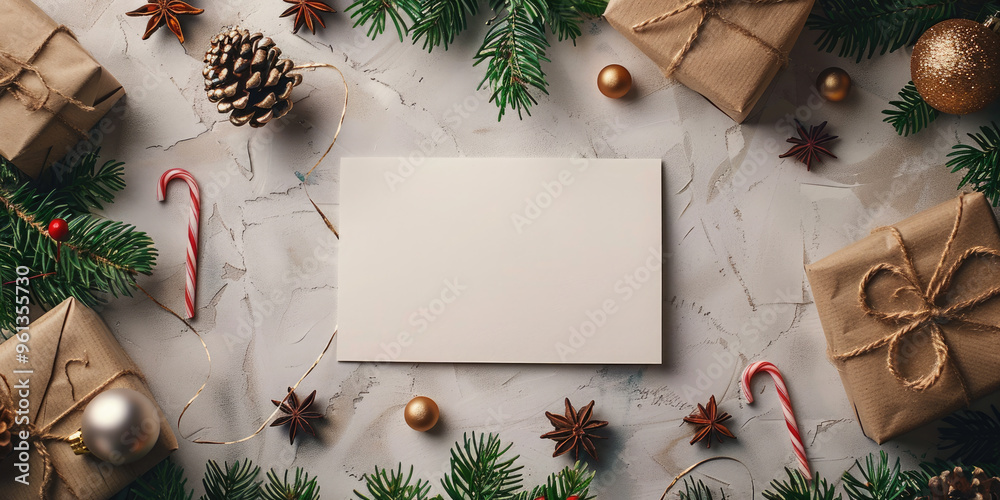 Fototapeta premium Christmas composition with greeting empty white card and gift boxes. Perfect concept for christmas or new year. Flat lay, top view. Copy space. Mock up