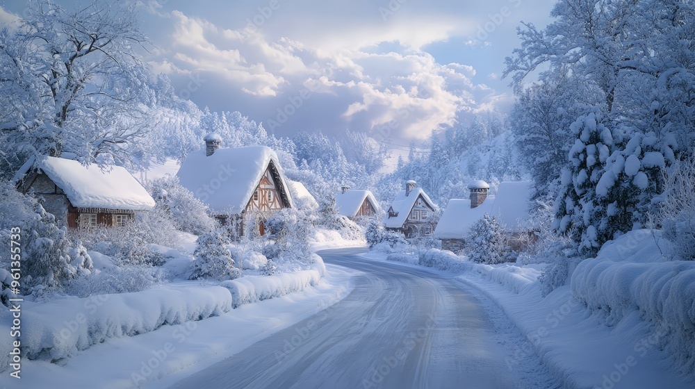 Naklejka premium Envision a road that meanders through a picturesque village covered in a blanket of snow.