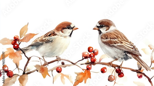 Fototapeta Naklejka Na Ścianę i Meble -  Charming Watercolor Artwork of Sparrows Perched Among Autumn Leaves and Berries