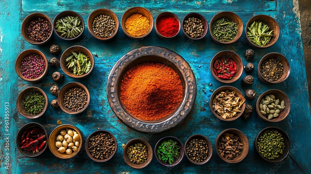 A vibrant array of spices in small bowls surrounds a central bowl filled with ground spices. The backdrop is a vibrant shade of blue, creating a visually striking composition. A vibrant array of spices in small bowls surrounds a central bowl filled with ground spices. The backdrop is a vibrant shade of blue, creating a visually striking composition.