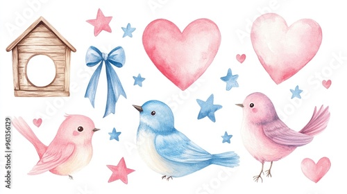 Whimsical Birds and Hearts: A Playful Watercolor Design for Nature Lovers photo