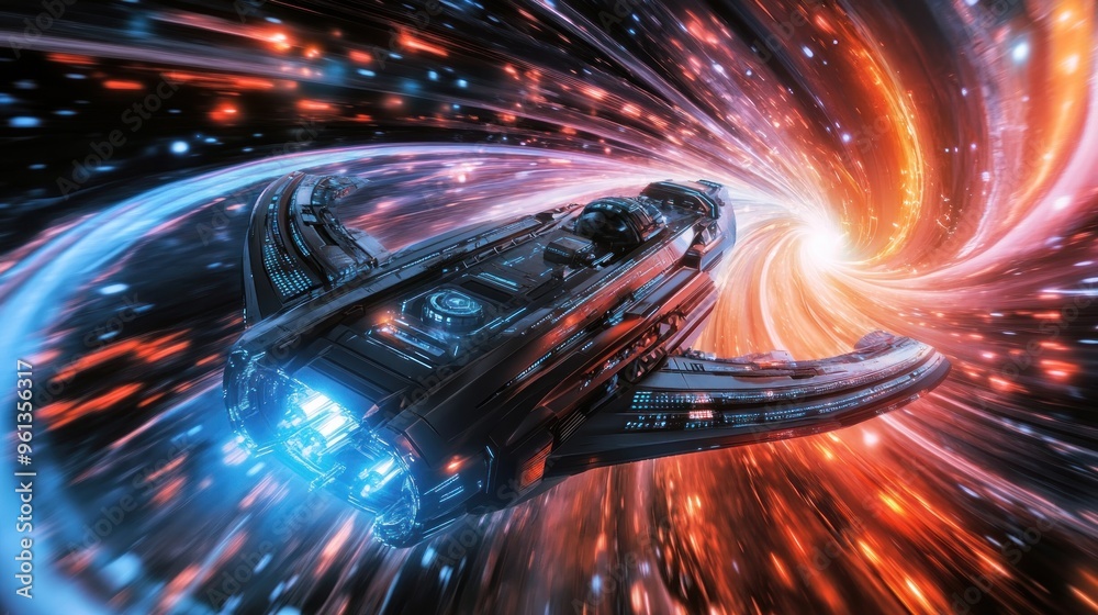 A futuristic spaceship traveling through a colorful cosmic vortex. A futuristic spaceship traveling through a colorful cosmic vortex.