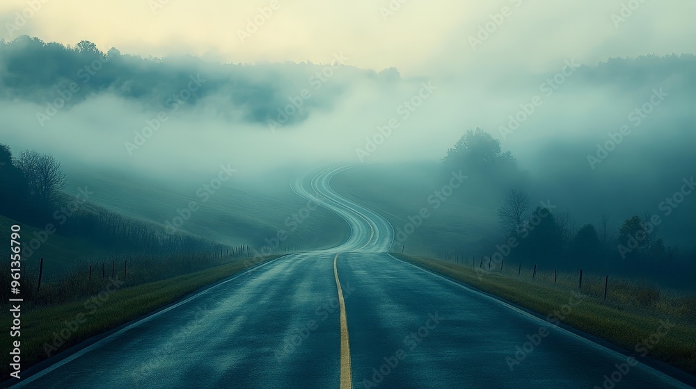 Envision a serene road through a misty valley, with fog gently enveloping the landscape. The road's quiet, Envision a serene road through a misty valley, with fog gently enveloping the landscape. The road's quiet,