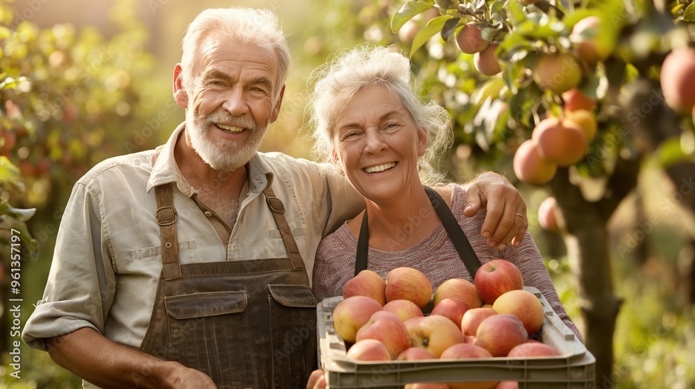 Happy Senior Spouses Holding Crate of Ripe Apples in Lush Orchard Happy Senior Spouses Holding Crate of Ripe Apples in Lush Orchard