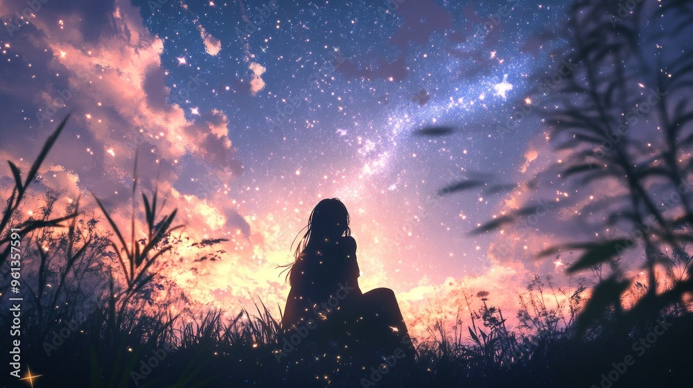 A lone figure sits in a field, gazing at a breathtaking starry night sky. The air is filled with a magical glow. . A lone figure sits in a field, gazing at a breathtaking starry night sky. The air is filled with a magical glow. .