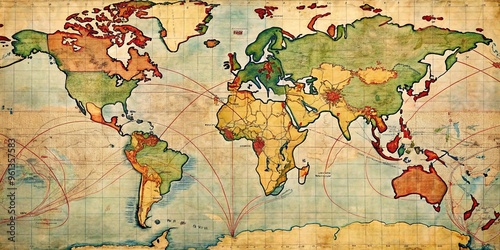 Vintage world map from 1940s wartime era displaying military campaign trajectories, territorial occupations, and strategic Axis and Allied forces' movements during World War II.