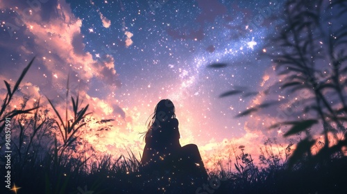 A lone figure sits in a field, gazing at a breathtaking starry night sky. The air is filled with a magical glow. .