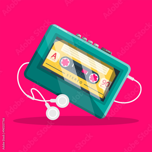 Retro audio cassette player with headphones on pink background, vector
