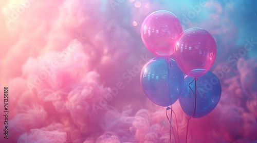 Dreamy Pink and Blue Balloons Floating in a Soft, Pastel-Colored Atmosphere