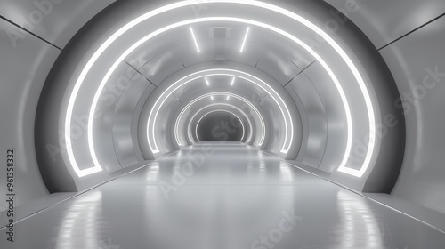 Futuristic White 3D Corridor with Glowing Circular Lights - Abstract Sci-Fi Architecture