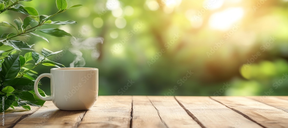 Steaming Cup of Coffee on a Wooden Table with a Green Nature and Morning Sunshine Backdrop Steaming Cup of Coffee on a Wooden Table with a Green Nature and Morning Sunshine Backdrop