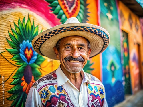 Warmly smiling Hispanic male with weathered skin and worn sombrero, wearing traditional embroidered shirt, standing in front of a vibrant colorful Mexican street art backdrop. photo