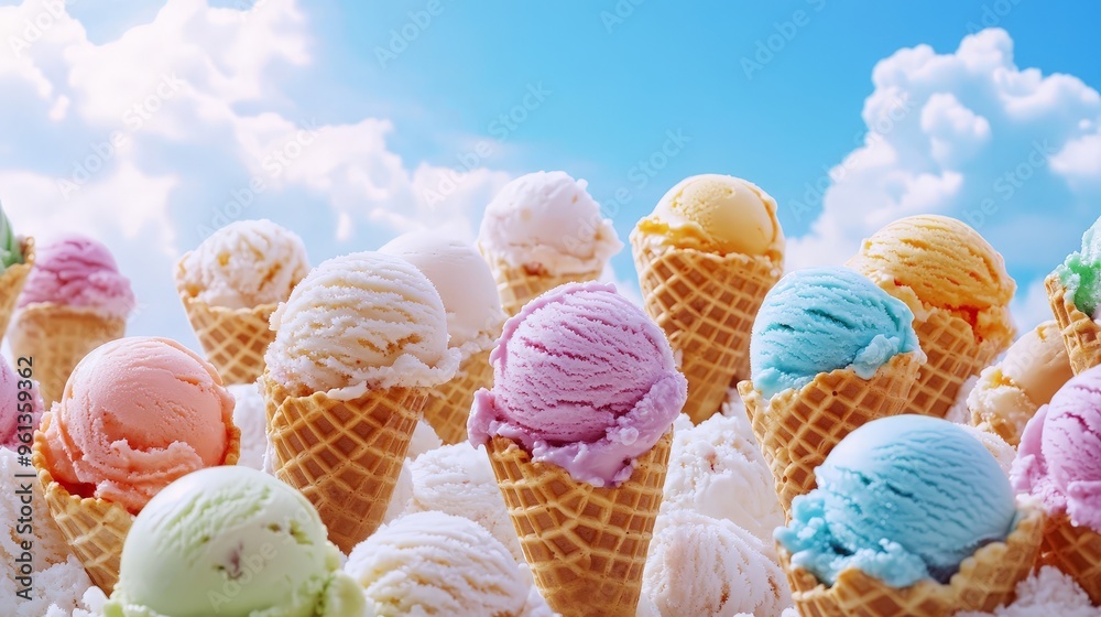 Envision a summer picnic scene with an assortment of ice cream cones. Different flavors are displayed in waffle cones Envision a summer picnic scene with an assortment of ice cream cones. Different flavors are displayed in waffle cones