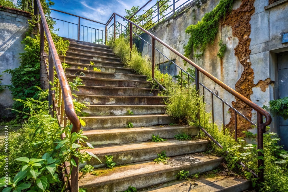 Weathered, worn-out, and cracked concrete stairs with overgrown weeds, rusty handrails, and peeling paint, exuding a sense of neglect and urban decay. Weathered, worn-out, and cracked concrete stairs with overgrown weeds, rusty handrails, and peeling paint, exuding a sense of neglect and urban decay.