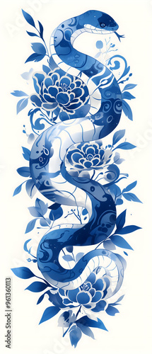 Blue indigo snake for Chinese New Year 2025. Vertical long drawing  for New Year banner, poster, invitation design. photo