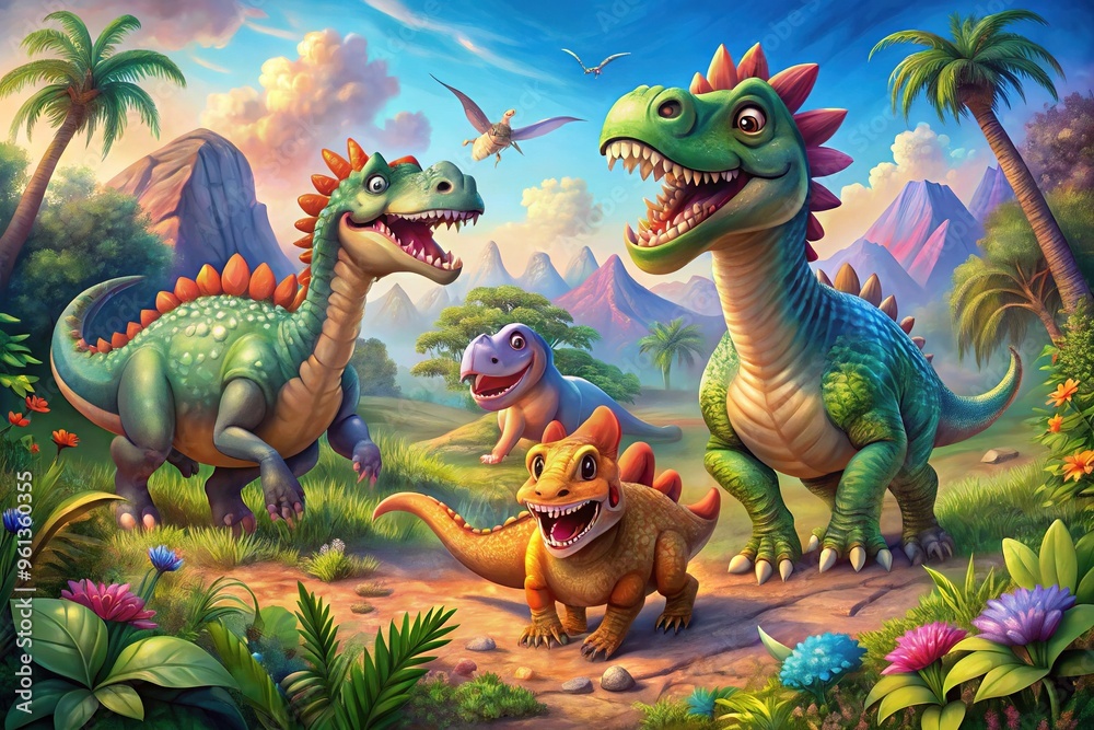 Fototapeta premium Whimsical colorful illustrations of happy smiling dinosaurs, including a T-Rex, Triceratops, and Stegosaurus, playful and lively in a fantasy prehistoric landscape.