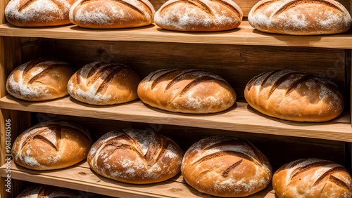 Close-up of artisan bread loaves on wooden shelving adding a rustic charm to a bakery's ambiance, ai