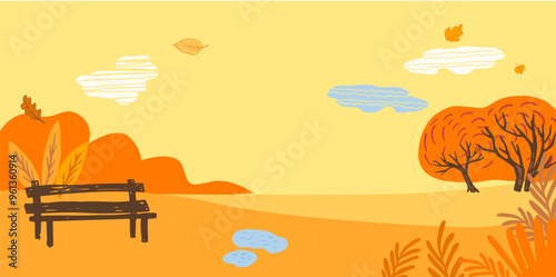 autumn-themed landscape illustration featuring a park bench, orange trees, and falling leaves under a soft yellow sky. Ideal for seasonal greeting cards, banners, posters, or backgrounds