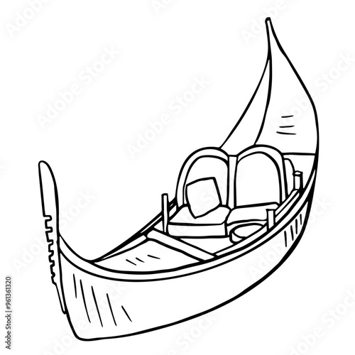 gondola black and white line drawing, a traditional boat from Venice, Italy. vector sketch illustration for  traveling, tourism, sail poster, banner, card.