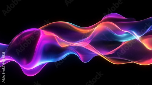 Fototapeta Naklejka Na Ścianę i Meble -  Abstract fluid 3D rendering of an iridescent holographic neon curved wave in motion on a dark backdrop. Suitable as a gradient design element for various applications, including banners, backgrounds