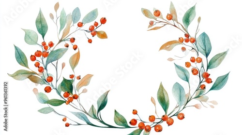 Wallpaper Mural Elegant Watercolor Floral Wreath with Berries and Leaves for Home Decor Torontodigital.ca