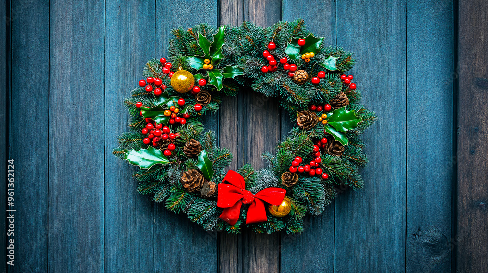 Christmas wreath with red decoration and golden balls on a blue wooden door. New year decoration. Wooden colorful planks. Christmas wreath with red decoration and golden balls on a blue wooden door. New year decoration. Wooden colorful planks.