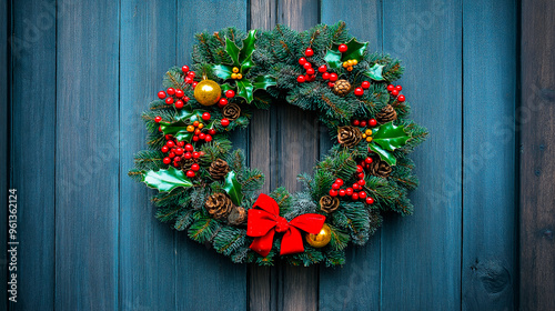 Christmas wreath with red decoration and golden balls on a blue wooden door. New year decoration. Wooden colorful planks.