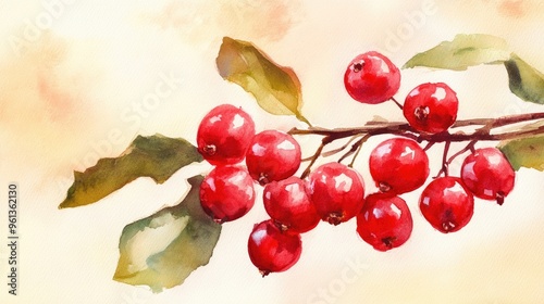 Vibrant Watercolor Painting of Red Berries and Green Leaves