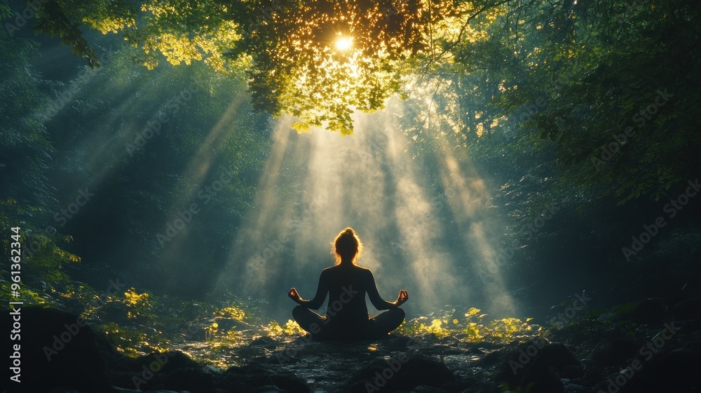 Woman meditating in a forest with light beams Woman meditating in a forest with light beams