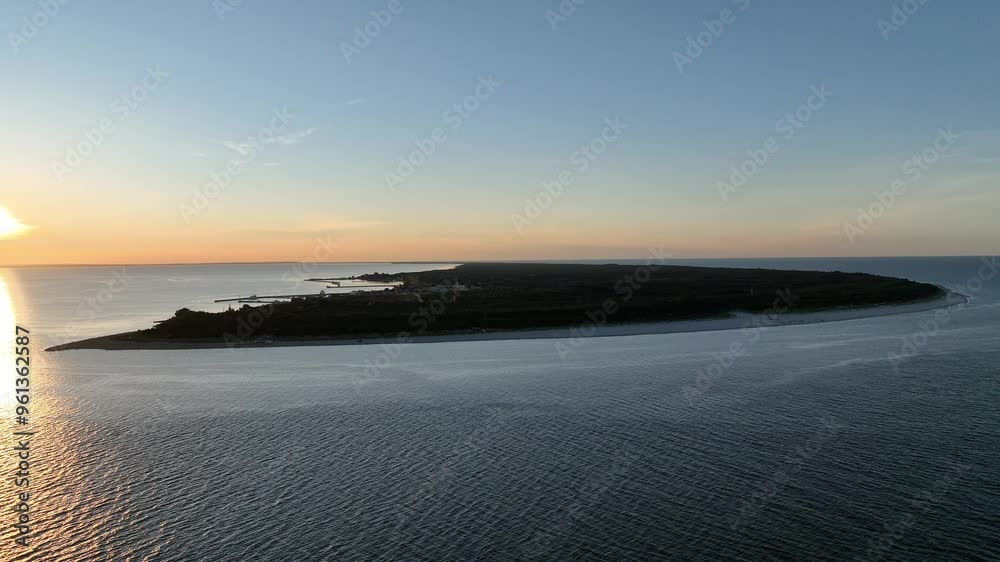 Hel city. Aerial view of Hel Peninsula in Poland, Baltic Sea and Puck Bay. Aerial video made by drone from above. End of poland hel peninsula. Hel beach in Poland. Sunset at sea and bay, Poland. Hel city. Aerial view of Hel Peninsula in Poland, Baltic Sea and Puck Bay. Aerial video made by drone from above. End of poland hel peninsula. Hel beach in Poland. Sunset at sea and bay, Poland.