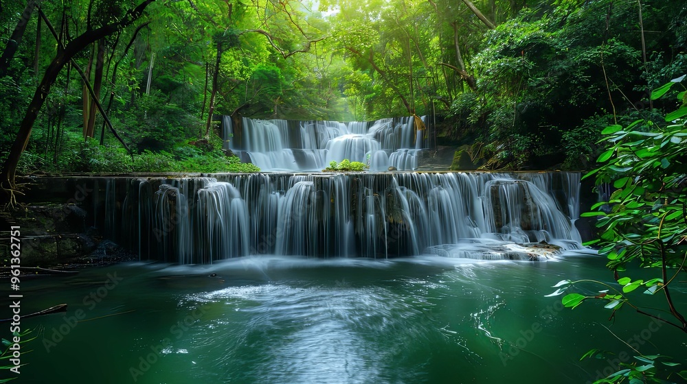 Lush Green Foliage Surrounding a Cascading Waterfall Lush Green Foliage Surrounding a Cascading Waterfall