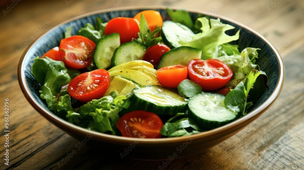 A colorful bowl of mixed salad with fresh greens, cherry tomatoes, cucumbers, and avocado slices, drizzled with olive oil. A colorful bowl of mixed salad with fresh greens, cherry tomatoes, cucumbers, and avocado slices, drizzled with olive oil.