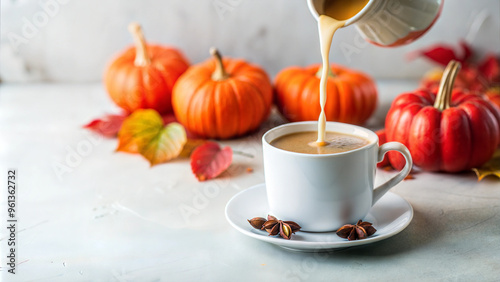 Pouring creamy beverage into white cup with pumpkins and autumn leaves around