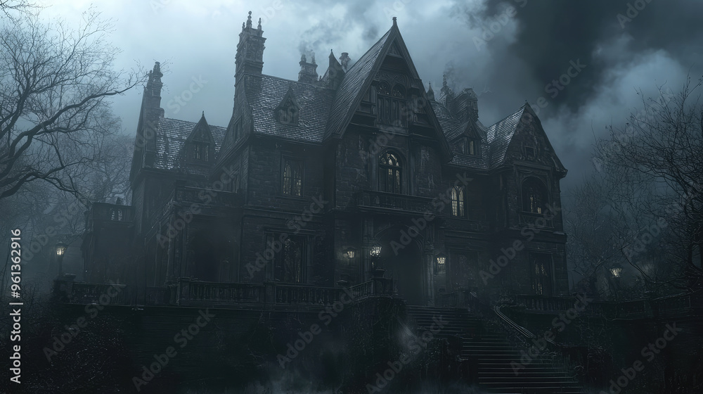 An old, haunted mansion with gothic architecture, surrounded by dense fog and shadows. An old, haunted mansion with gothic architecture, surrounded by dense fog and shadows.