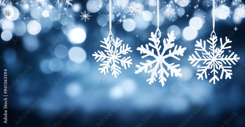 A digital image of snowflakes falling in front of spots of light against a blue background A digital image of snowflakes falling in front of spots of light against a blue background