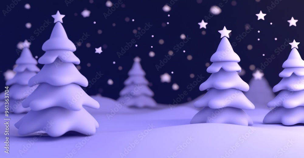 Snowflakes falling over trees on a winter landscape with a purple background Snowflakes falling over trees on a winter landscape with a purple background