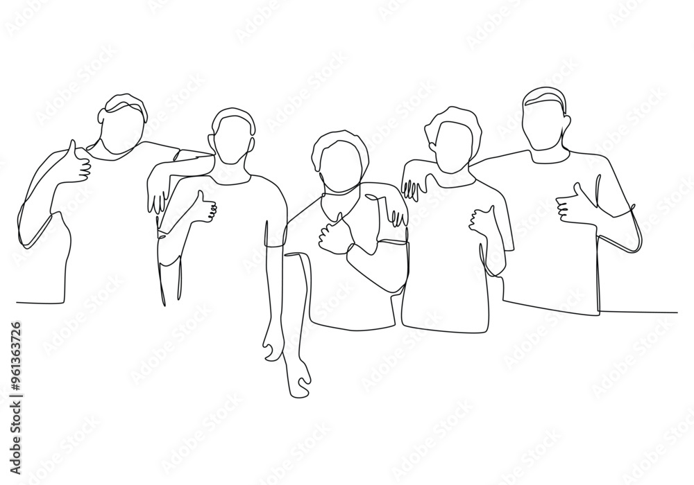 One line drawing of groups of happy college students giving thumbs up gesture after studying together at university library, Continuous line draw design vector. One line drawing of groups of happy college students giving thumbs up gesture after studying together at university library, Continuous line draw design vector.