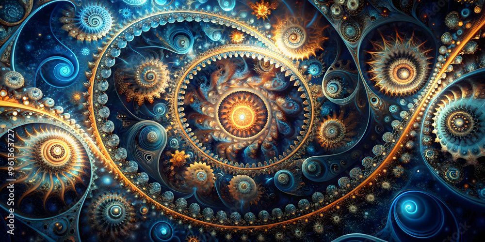 Abstract Gears: A mesmerizing fractal pattern of intricately woven gears in shades of blue, gold, and orange. The design evokes a sense of intricate movement and complex mechanisms. Abstract Gears: A mesmerizing fractal pattern of intricately woven gears in shades of blue, gold, and orange. The design evokes a sense of intricate movement and complex mechanisms.