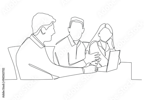 continuous line drawing of office workers at business meeting in a office.