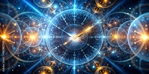 Timeless Abstract: A mesmerizing abstract artwork featuring a clock face at the center with glowing orbs and swirling lines, creating a sense of time's cyclical nature and the beauty of the universe.  photo