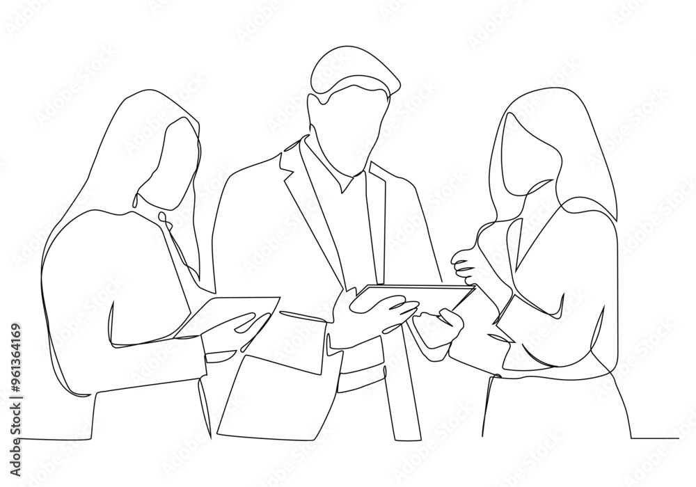 continuous line drawing of office workers at business meeting in a office.
