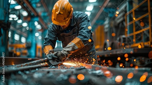 Industrial Worker Grinding Metal with Sparks Flying