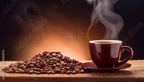 pile of coffee beans with steaming condition, there is a cup of coffee, and closeup of some coffee beans, background for coffee shop